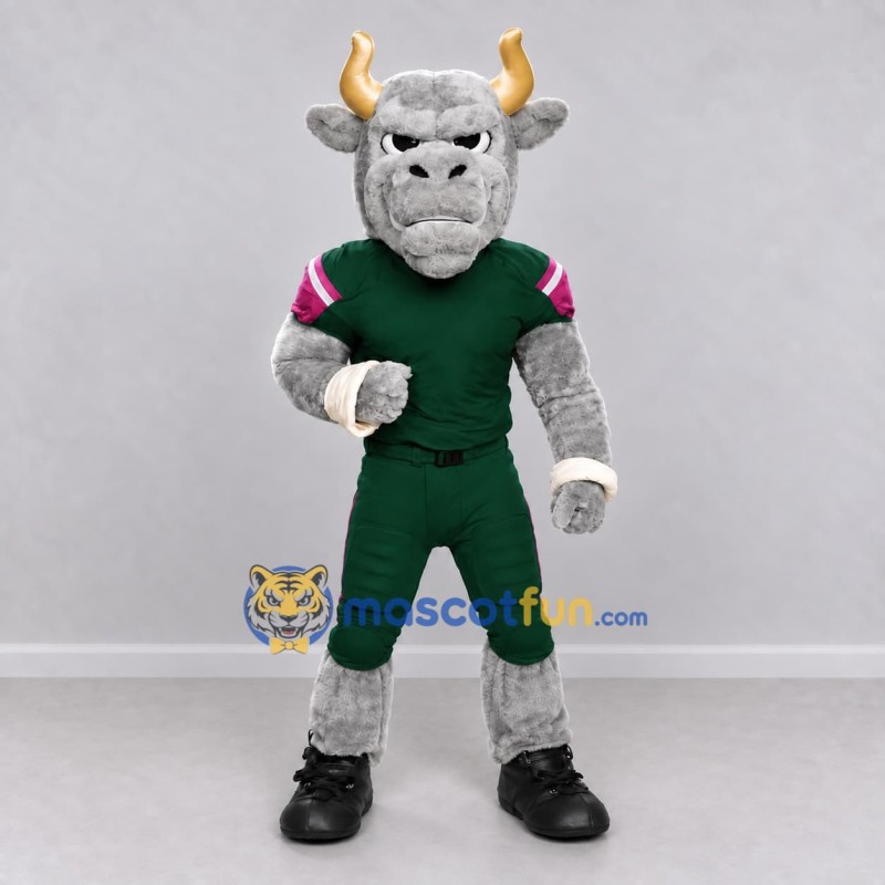 Custom Gray and Green Bull in Sportswear Mascot Costume Adult Full Body Suit for Sports Events Custom Gray and Green Bull in Sportswear Mascot Costume Adult Full Body Suit for Sports Events