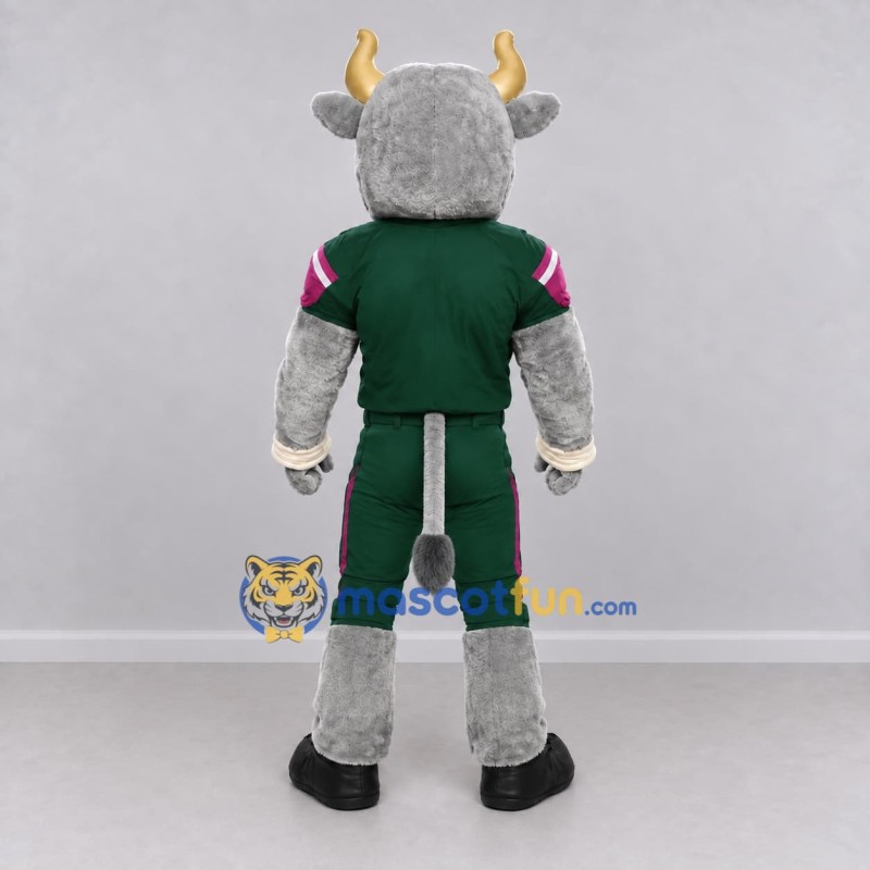 Custom Gray and Green Bull in Sportswear Mascot Costume Adult Full Body Suit for Sports Events Custom Gray and Green Bull in Sportswear Mascot Costume Adult Full Body Suit for Sports Events