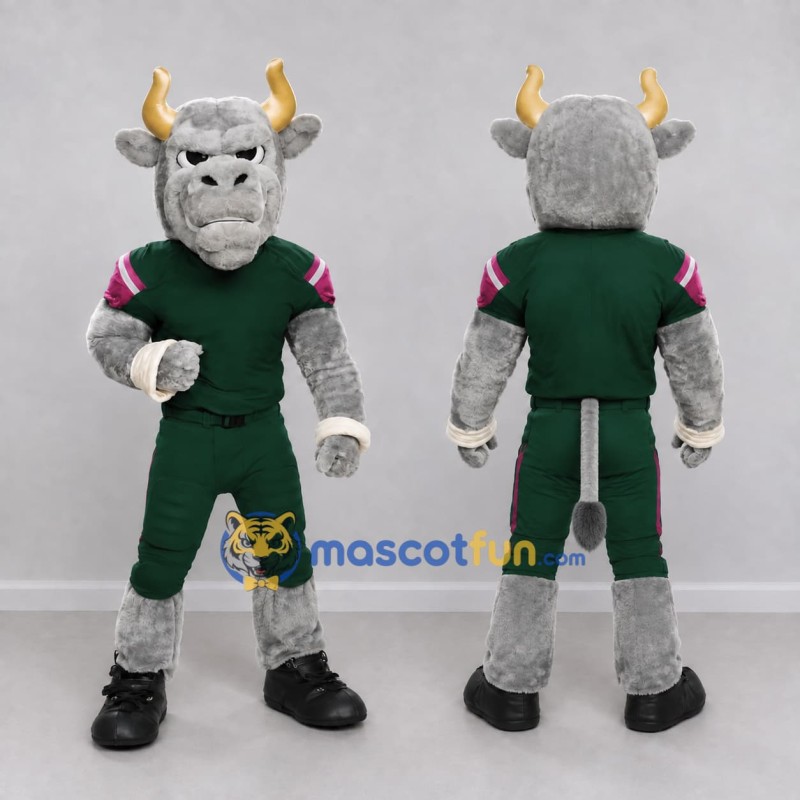 Custom Gray and Green Bull in Sportswear Mascot Costume Adult Full Body Suit for Sports Events Custom Gray and Green Bull in Sportswear Mascot Costume Adult Full Body Suit for Sports Events