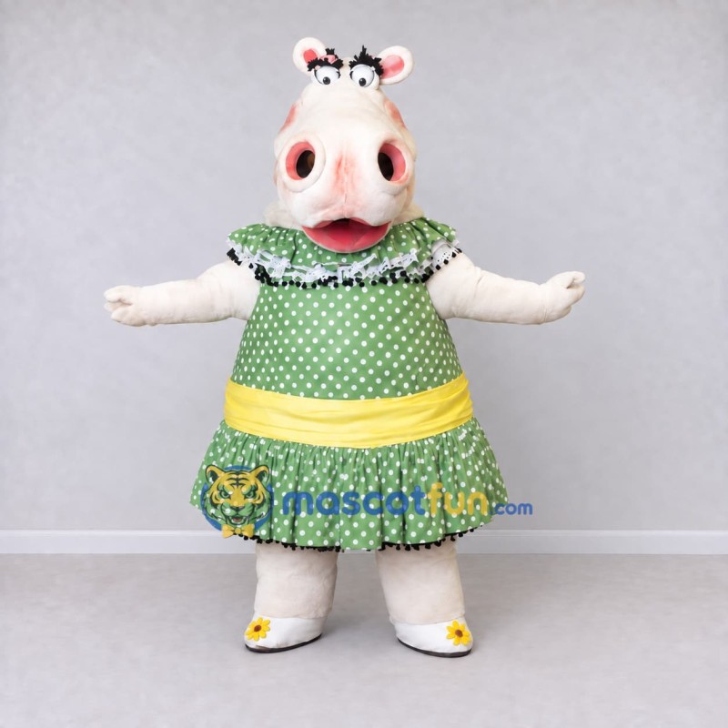 Custom White and Green Hippopotamus in a Polka Dot Dress Mascot Costume Adult Full Body Suit for School Events Custom White and Green Hippopotamus in a Polka Dot Dress Mascot Costume Adult Full Body Suit for School Events