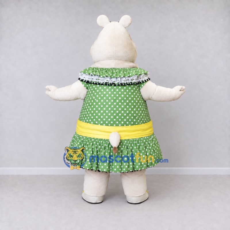 Custom White and Green Hippopotamus in a Polka Dot Dress Mascot Costume Adult Full Body Suit for School Events Custom White and Green Hippopotamus in a Polka Dot Dress Mascot Costume Adult Full Body Suit for School Events
