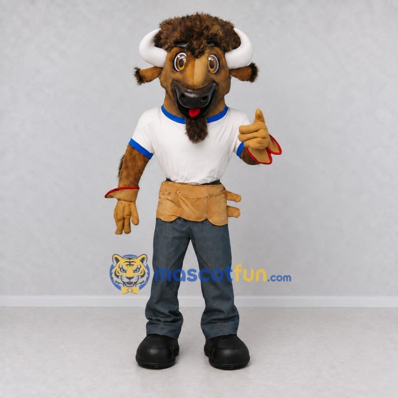 Custom Brown and White Bison in a Work Outfit Mascot Costume Adult Full Body Suit for Community Events Custom Brown and White Bison in a Work Outfit Mascot Costume Adult Full Body Suit for Community Events