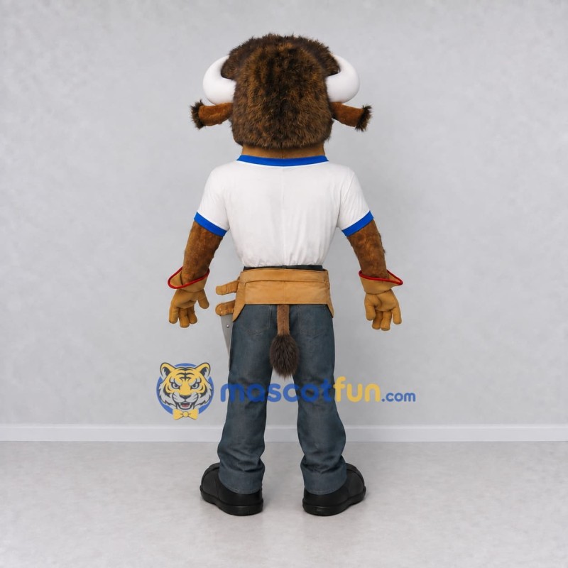 Custom Brown and White Bison in a Work Outfit Mascot Costume Adult Full Body Suit for Community Events Custom Brown and White Bison in a Work Outfit Mascot Costume Adult Full Body Suit for Community Events