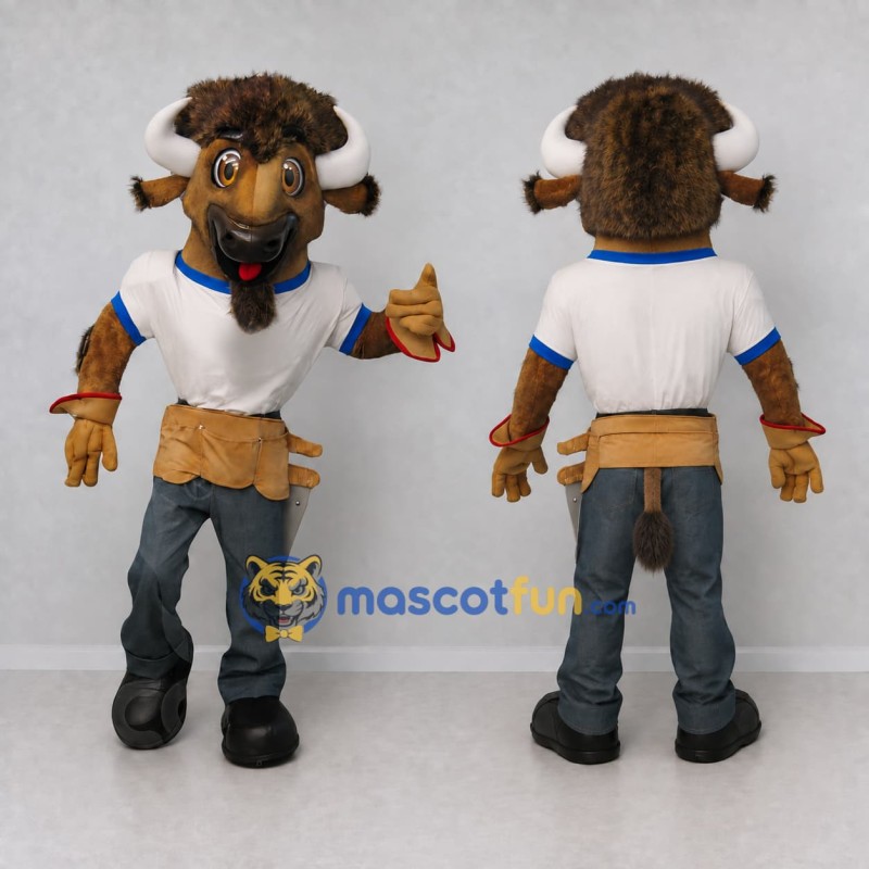Custom Brown and White Bison in a Work Outfit Mascot Costume Adult Full Body Suit for Community Events Custom Brown and White Bison in a Work Outfit Mascot Costume Adult Full Body Suit for Community Events