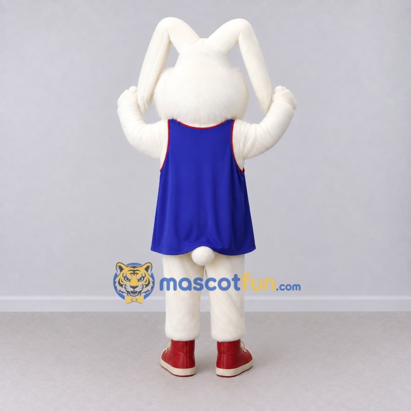Custom White and Blue Rabbit in a Sports Vest Mascot Costume Adult Full Body Suit for Sports Events Custom White and Blue Rabbit in a Sports Vest Mascot Costume Adult Full Body Suit for Sports Events