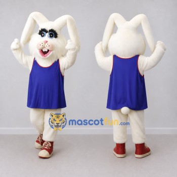 Custom White and Blue Rabbit in a Sports Vest Mascot Costume Adult Full Body Suit for Sports Events