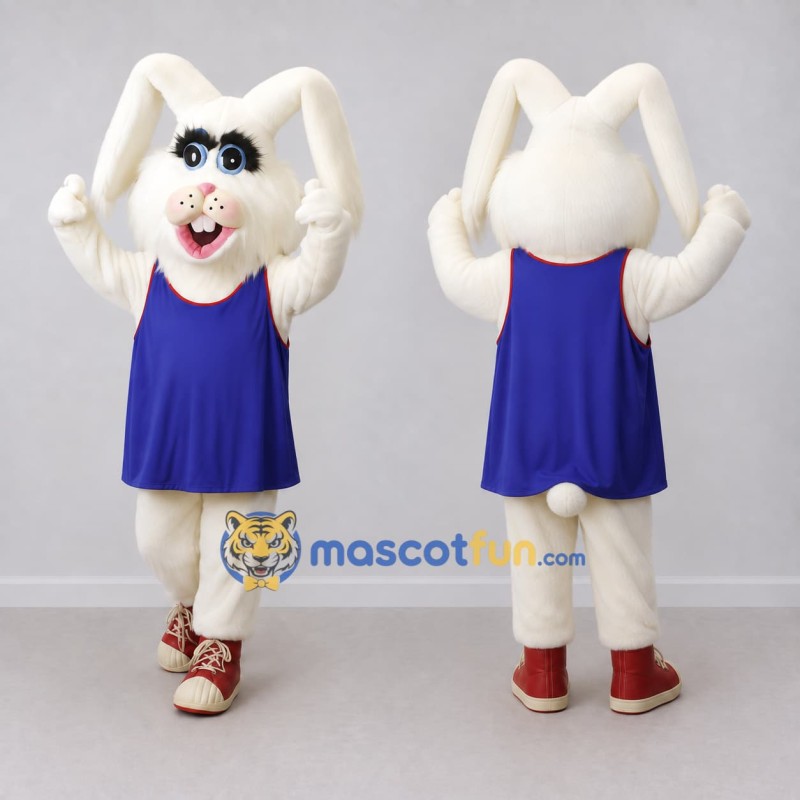 Custom White and Blue Rabbit in a Sports Vest Mascot Costume Adult Full Body Suit for Sports Events Custom White and Blue Rabbit in a Sports Vest Mascot Costume Adult Full Body Suit for Sports Events