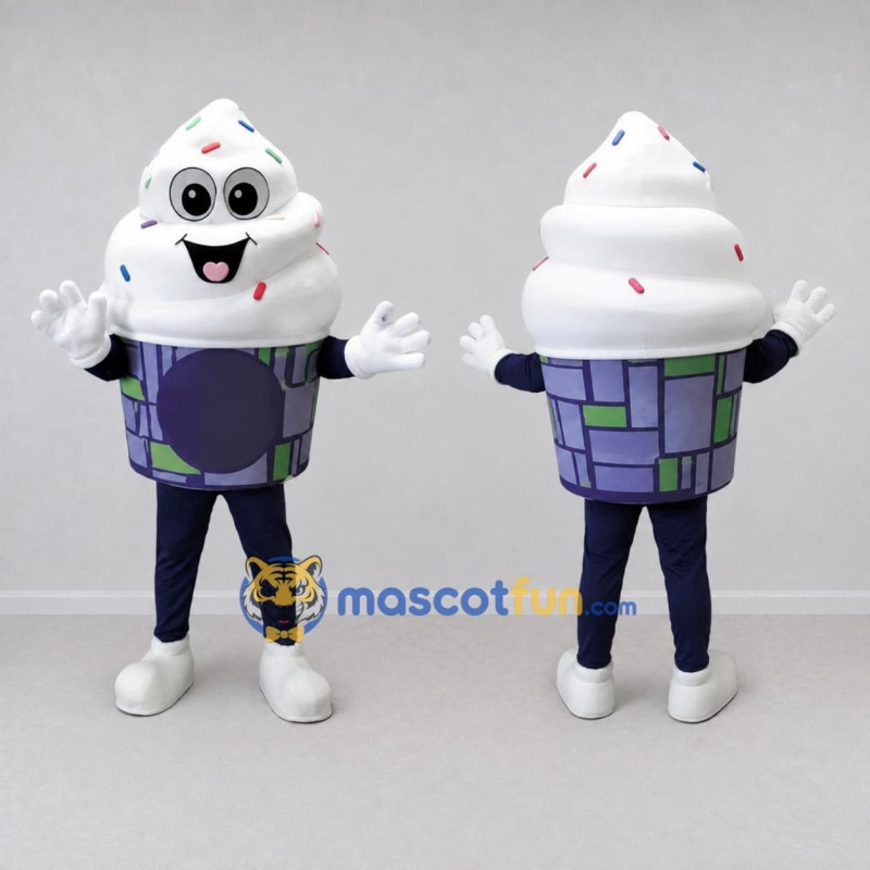 Custom White and Purple Soft Serve Ice Cream Cup Mascot Costume Adult Full Body Suit for Food Festivals Custom White and Purple Soft Serve Ice Cream Cup Mascot Costume Adult Full Body Suit for Food Festivals