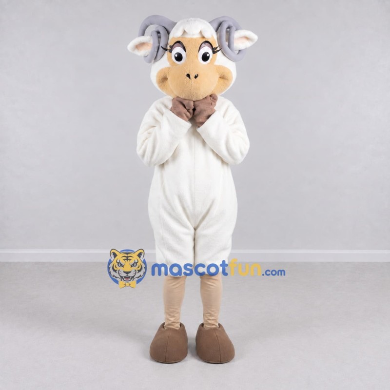 Custom White and Gray Sheep with a Scarf Mascot Costume Adult Full Body Suit for School Events Custom White and Gray Sheep with a Scarf Mascot Costume Adult Full Body Suit for School Events