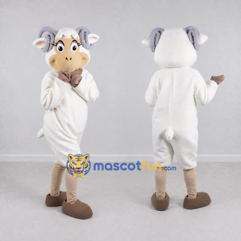 Custom White and Gray Sheep with a Scarf Mascot Costume Adult Full Body Suit for School Events Custom White and Gray Sheep with a Scarf Mascot Costume Adult Full Body Suit for School Events