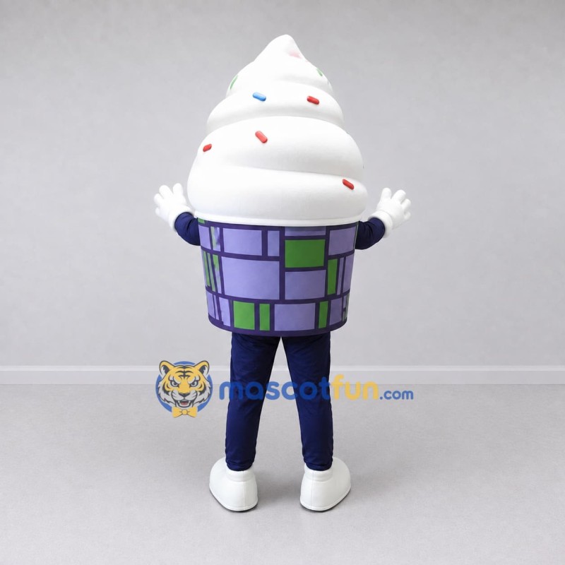 Custom White and Purple Soft Serve Ice Cream Cup Mascot Costume Adult Full Body Suit for Food Festivals Custom White and Purple Soft Serve Ice Cream Cup Mascot Costume Adult Full Body Suit for Food Festivals