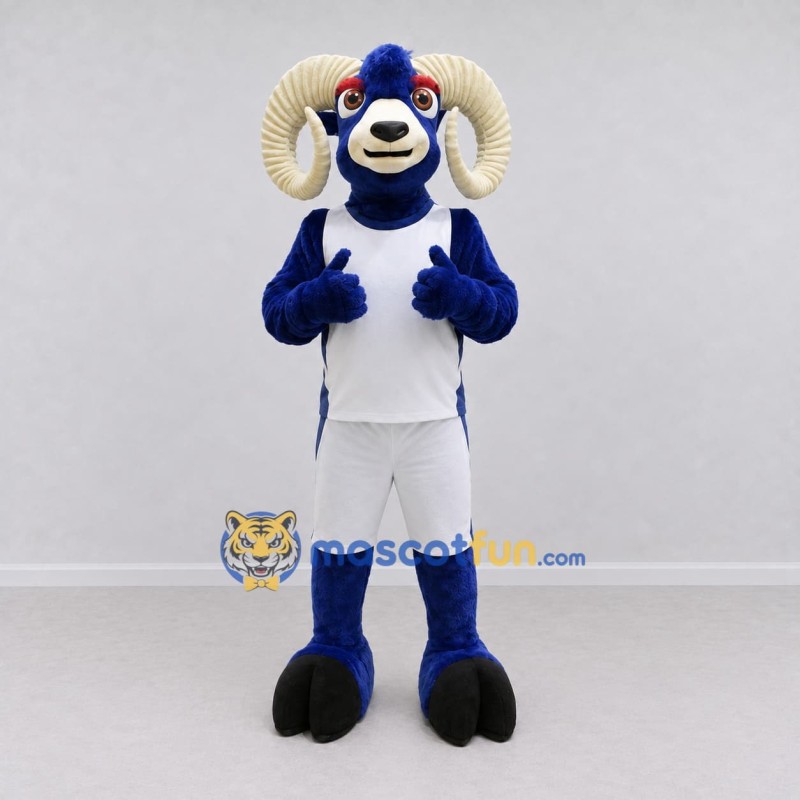 Custom Blue and White Ram in Sportswear Mascot Costume Adult Full Body Suit for Sports Events Custom Blue and White Ram in Sportswear Mascot Costume Adult Full Body Suit for Sports Events