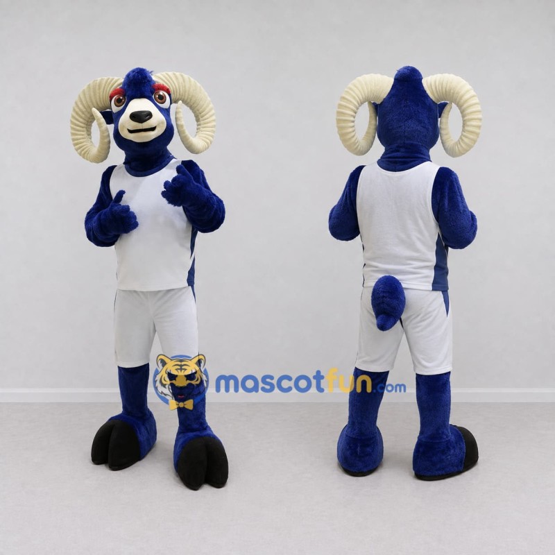 Custom Blue and White Ram in Sportswear Mascot Costume Adult Full Body Suit for Sports Events Custom Blue and White Ram in Sportswear Mascot Costume Adult Full Body Suit for Sports Events