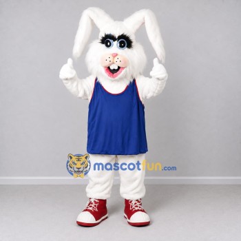 Custom White and Blue Rabbit in a Sports Vest Mascot Costume Adult Full Body Suit for Sports Events