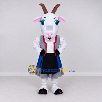 Custom White and Blue Goat in a Dress and Apron Mascot Costume Adult Full Body Suit for School Events