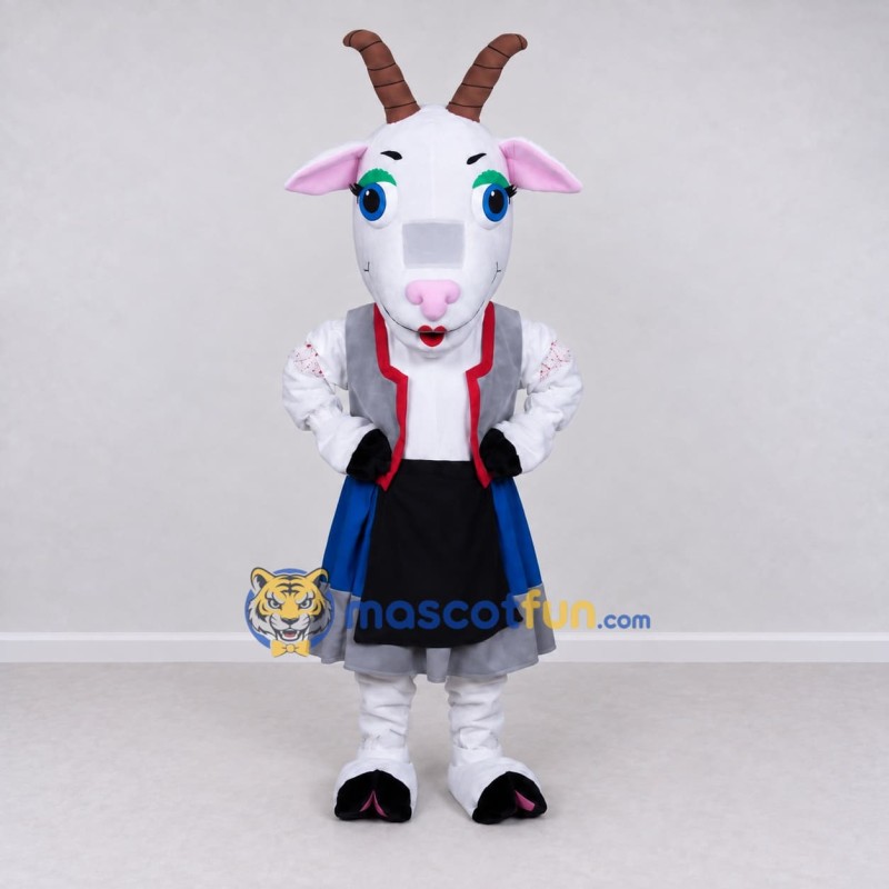 Custom White and Blue Goat in a Dress and Apron Mascot Costume Adult Full Body Suit for School Events Custom White and Blue Goat in a Dress and Apron Mascot Costume Adult Full Body Suit for School Events