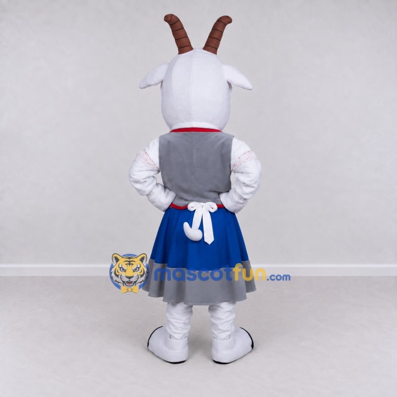 Custom White and Blue Goat in a Dress and Apron Mascot Costume Adult Full Body Suit for School Events Custom White and Blue Goat in a Dress and Apron Mascot Costume Adult Full Body Suit for School Events