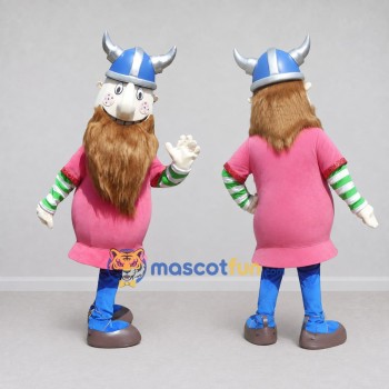Custom Pink and Blue Bearded Viking Character Mascot Costume Adult Full Body Suit for Theme Parties