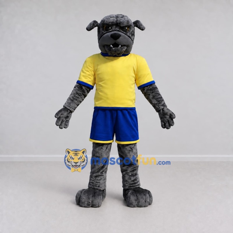 Custom Gray and Yellow Bulldog in Sportswear Mascot Costume Adult Full Body Suit for Sports Events Custom Gray and Yellow Bulldog in Sportswear Mascot Costume Adult Full Body Suit for Sports Events