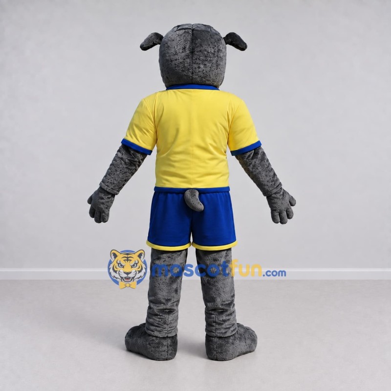Custom Gray and Yellow Bulldog in Sportswear Mascot Costume Adult Full Body Suit for Sports Events Custom Gray and Yellow Bulldog in Sportswear Mascot Costume Adult Full Body Suit for Sports Events