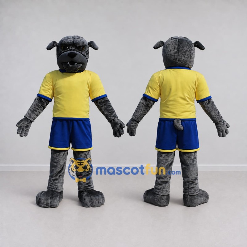 Custom Gray and Yellow Bulldog in Sportswear Mascot Costume Adult Full Body Suit for Sports Events Custom Gray and Yellow Bulldog in Sportswear Mascot Costume Adult Full Body Suit for Sports Events