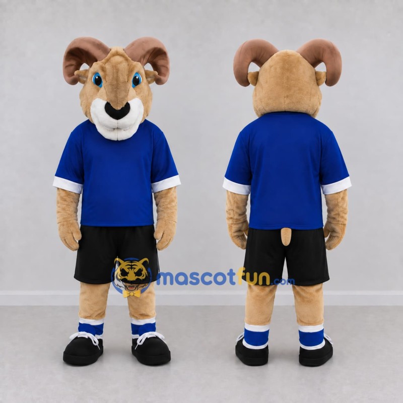Custom Tan and Blue Ram in Sportswear Mascot Costume Adult Full Body Suit for Sports Events