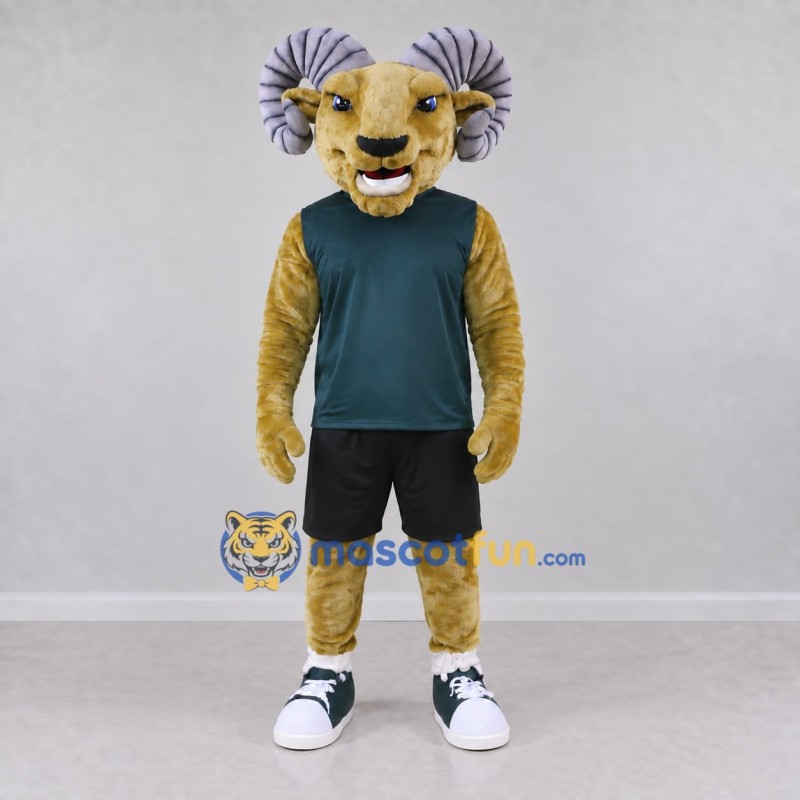 Custom Tan and Green Ram in Sportswear Mascot Costume Adult Full Body Suit for Sports Events