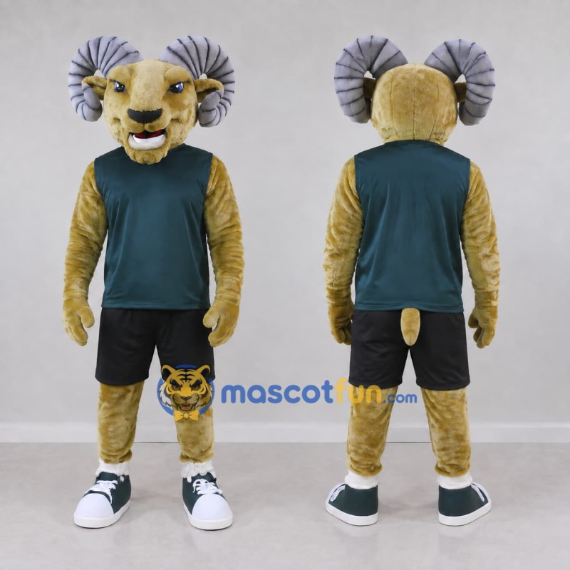 Custom Tan and Green Ram in Sportswear Mascot Costume Adult Full Body Suit for Sports Events