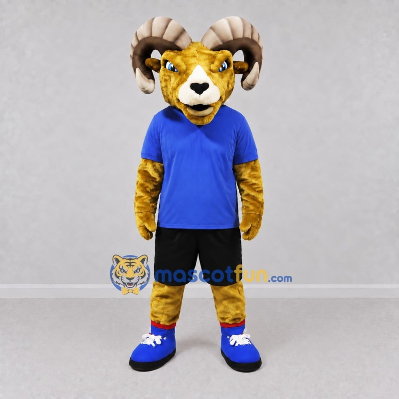 Custom Golden Tan and Blue Ram in Sportswear Mascot Costume Adult Full Body Suit for Sports Events Custom Golden Tan and Blue Ram in Sportswear Mascot Costume Adult Full Body Suit for Sports Events