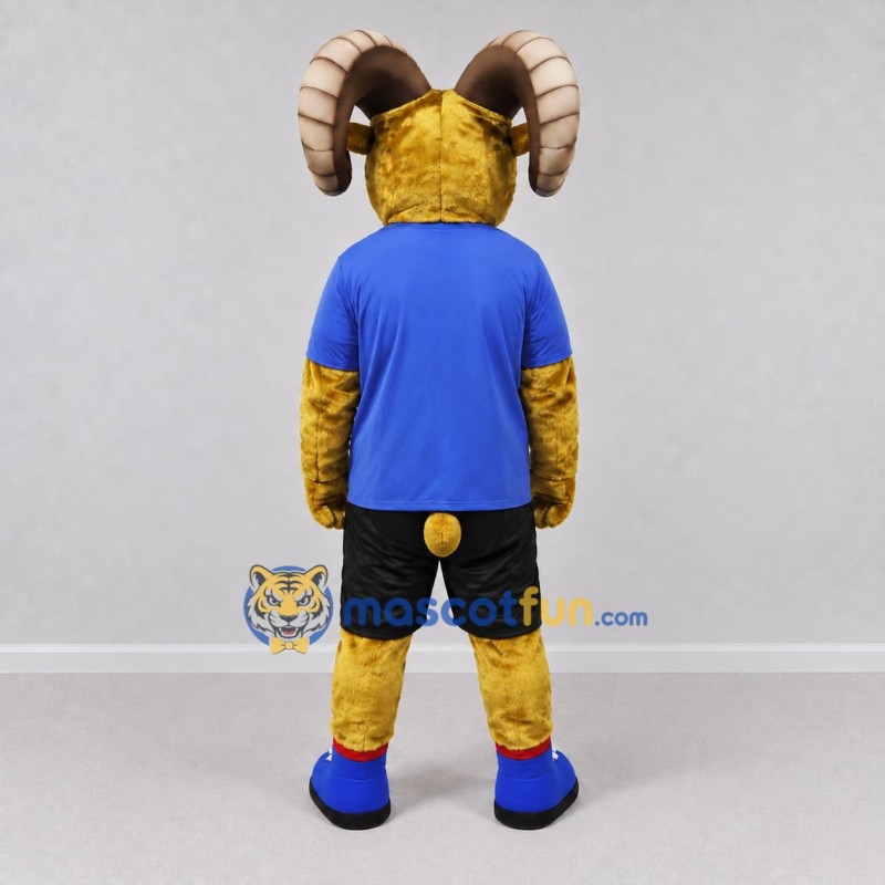 Custom Golden Tan and Blue Ram in Sportswear Mascot Costume Adult Full Body Suit for Sports Events Custom Golden Tan and Blue Ram in Sportswear Mascot Costume Adult Full Body Suit for Sports Events