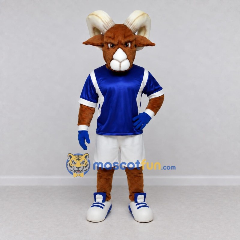 Custom Brown and Blue Ram in Sportswear Mascot Costume Adult Full Body Suit for Sports Events Custom Brown and Blue Ram in Sportswear Mascot Costume Adult Full Body Suit for Sports Events