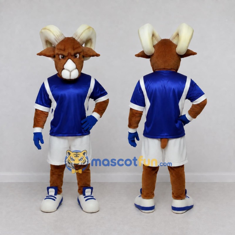 Custom Brown and Blue Ram in Sportswear Mascot Costume Adult Full Body Suit for Sports Events Custom Brown and Blue Ram in Sportswear Mascot Costume Adult Full Body Suit for Sports Events
