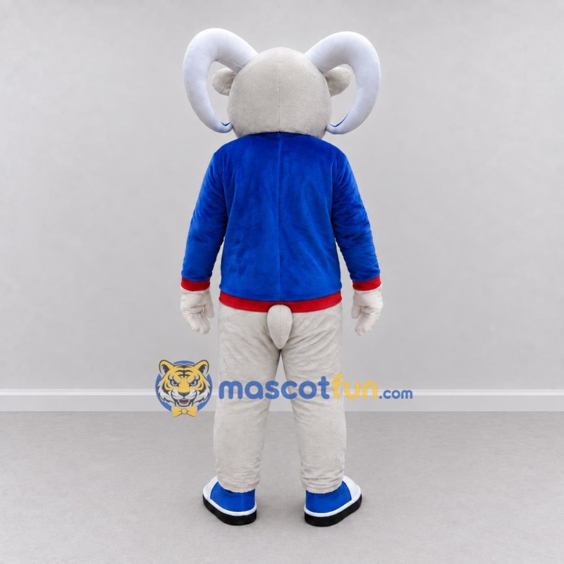 Custom White and Blue Ram in a Shirt and Pants Mascot Costume Adult Full Body Suit for School Events Custom White and Blue Ram in a Shirt and Pants Mascot Costume Adult Full Body Suit for School Events
