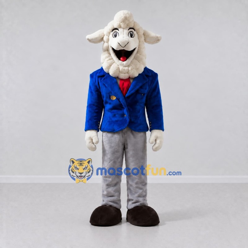 Custom White and Blue Sheep in a Suit Jacket Mascot Costume Adult Full Body Suit for Theme Parties Custom White and Blue Sheep in a Suit Jacket Mascot Costume Adult Full Body Suit for Theme Parties