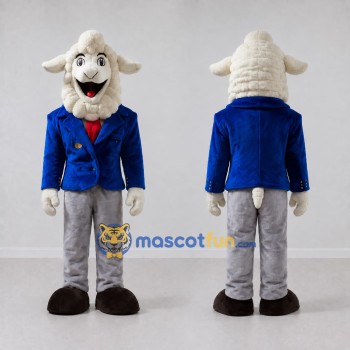 Custom White and Blue Sheep in a Suit Jacket Mascot Costume Adult Full Body Suit for Theme Parties