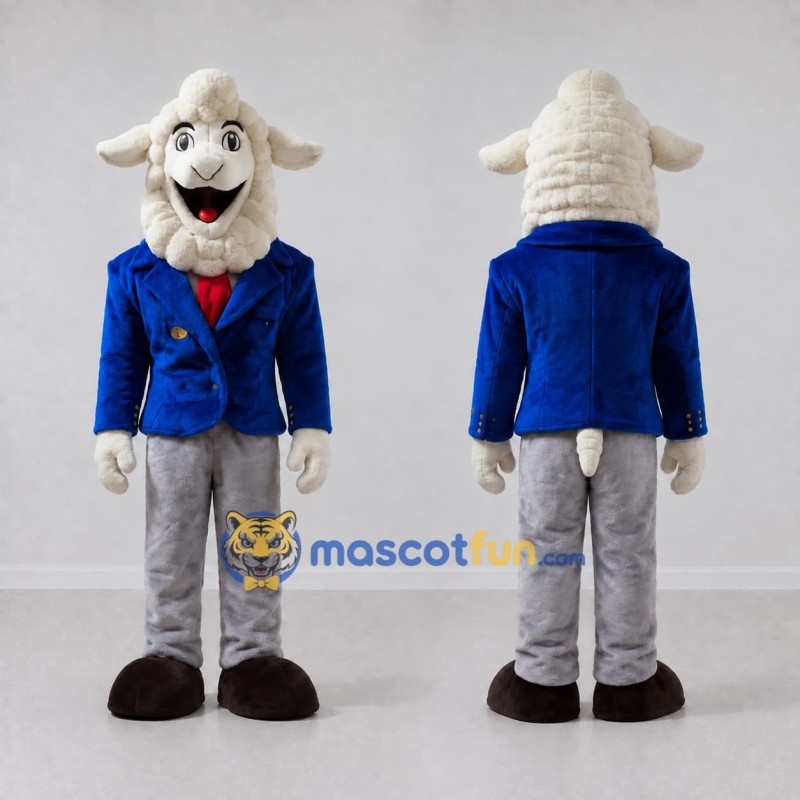 Custom White and Blue Sheep in a Suit Jacket Mascot Costume Adult Full Body Suit for Theme Parties Custom White and Blue Sheep in a Suit Jacket Mascot Costume Adult Full Body Suit for Theme Parties
