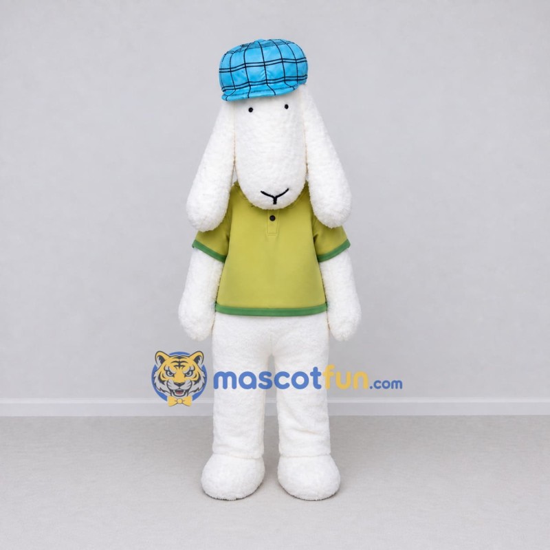 Custom White and Green Sheep Character in a Cap and Shirt Mascot Costume Adult Full Body Suit for School Events Custom White and Green Sheep Character in a Cap and Shirt Mascot Costume Adult Full Body Suit for School Events