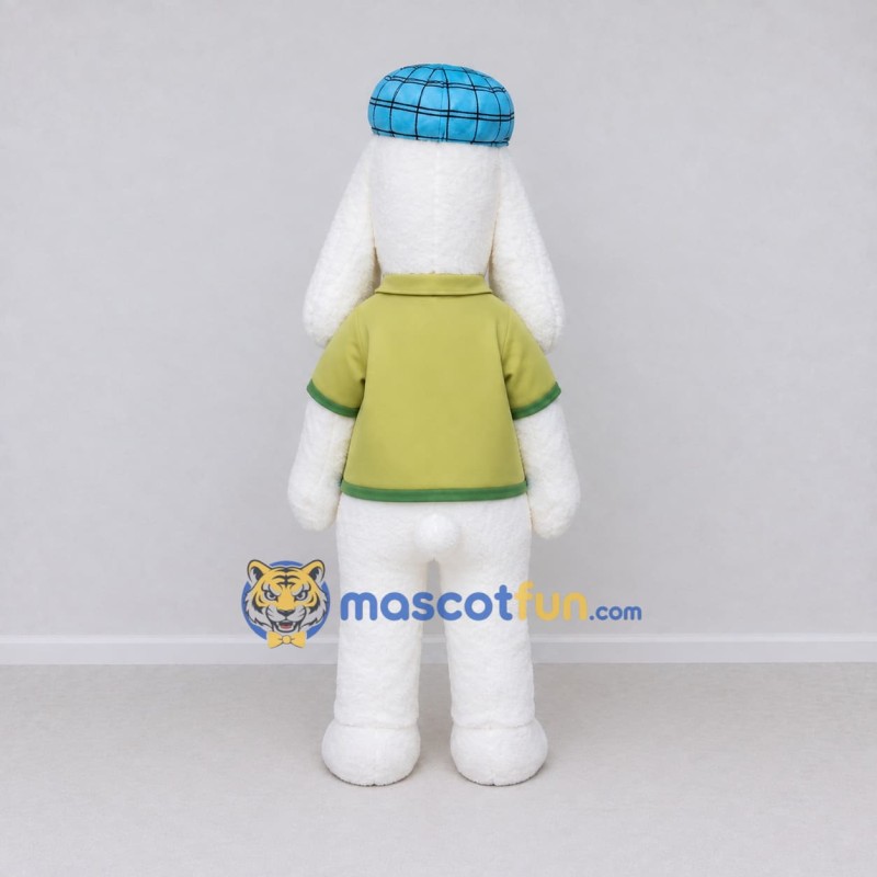 Custom White and Green Sheep Character in a Cap and Shirt Mascot Costume Adult Full Body Suit for School Events Custom White and Green Sheep Character in a Cap and Shirt Mascot Costume Adult Full Body Suit for School Events