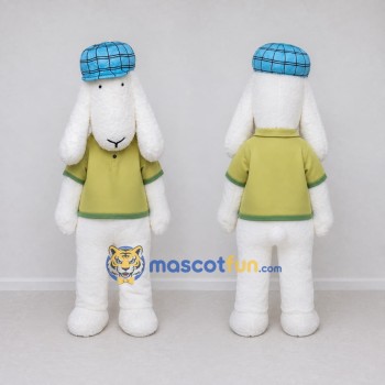 Custom White and Green Sheep Character in a Cap and Shirt Mascot Costume Adult Full Body Suit for School Events