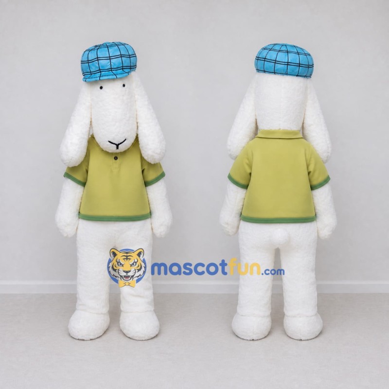 Custom White and Green Sheep Character in a Cap and Shirt Mascot Costume Adult Full Body Suit for School Events Custom White and Green Sheep Character in a Cap and Shirt Mascot Costume Adult Full Body Suit for School Events