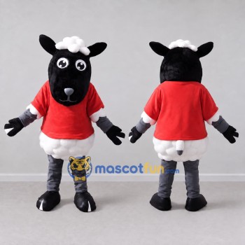 Custom Black and Red Sheep in a T-Shirt Mascot Costume Adult Full Body Suit for School Events