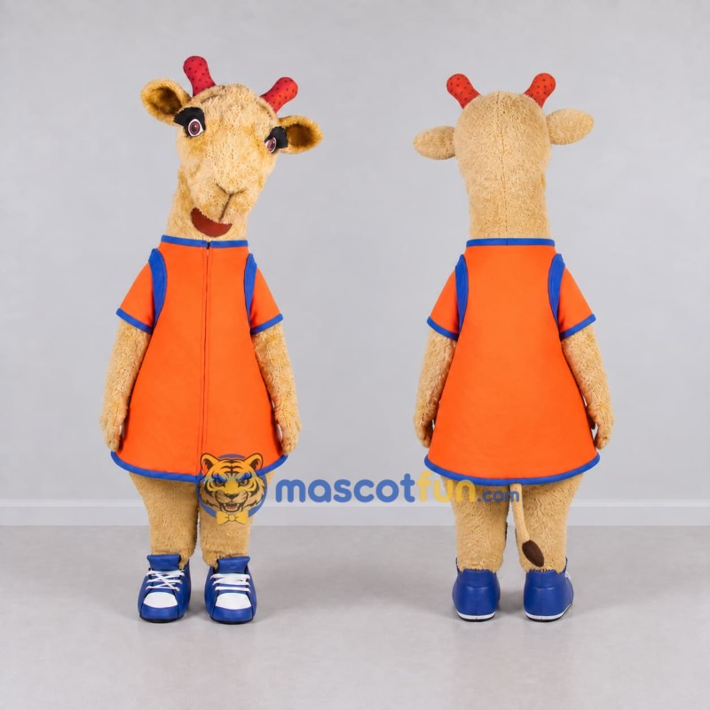 Custom Tan and Orange Goat in a Dress Mascot Costume Adult Full Body Suit for School Events Custom Tan and Orange Goat in a Dress Mascot Costume Adult Full Body Suit for School Events
