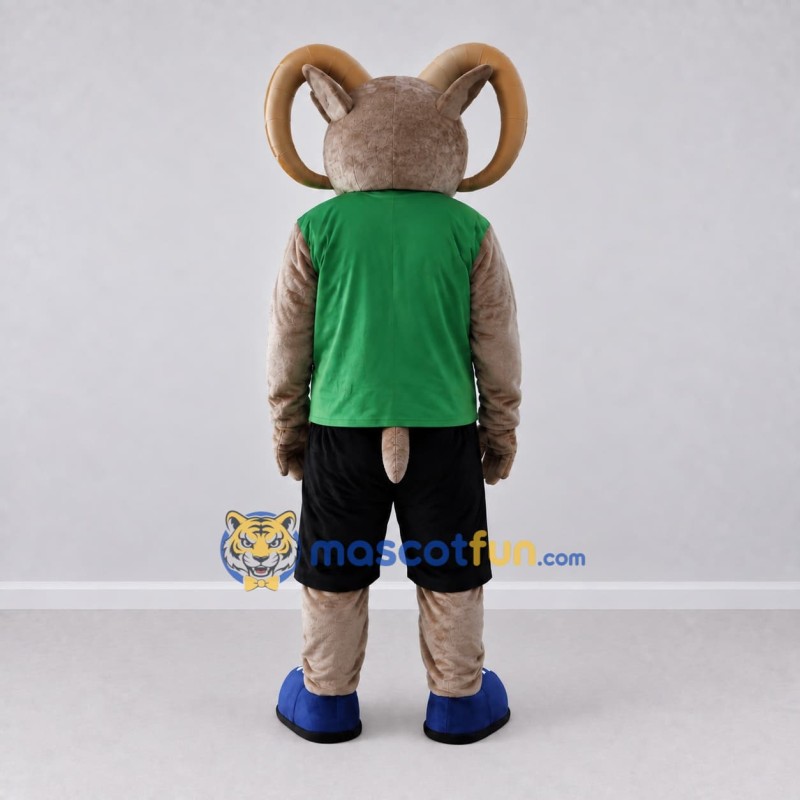 Custom Brown and Green Ram in Sportswear Mascot Costume Adult Full Body Suit for Sports Events Custom Brown and Green Ram in Sportswear Mascot Costume Adult Full Body Suit for Sports Events