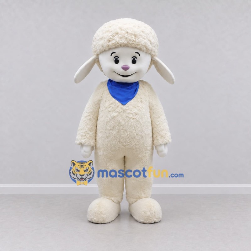 Custom Cream and Blue Lamb with a Bandana Mascot Costume Adult Full Body Suit for School Events Custom Cream and Blue Lamb with a Bandana Mascot Costume Adult Full Body Suit for School Events