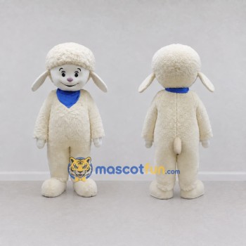 Custom Cream and Blue Lamb with a Bandana Mascot Costume Adult Full Body Suit for School Events