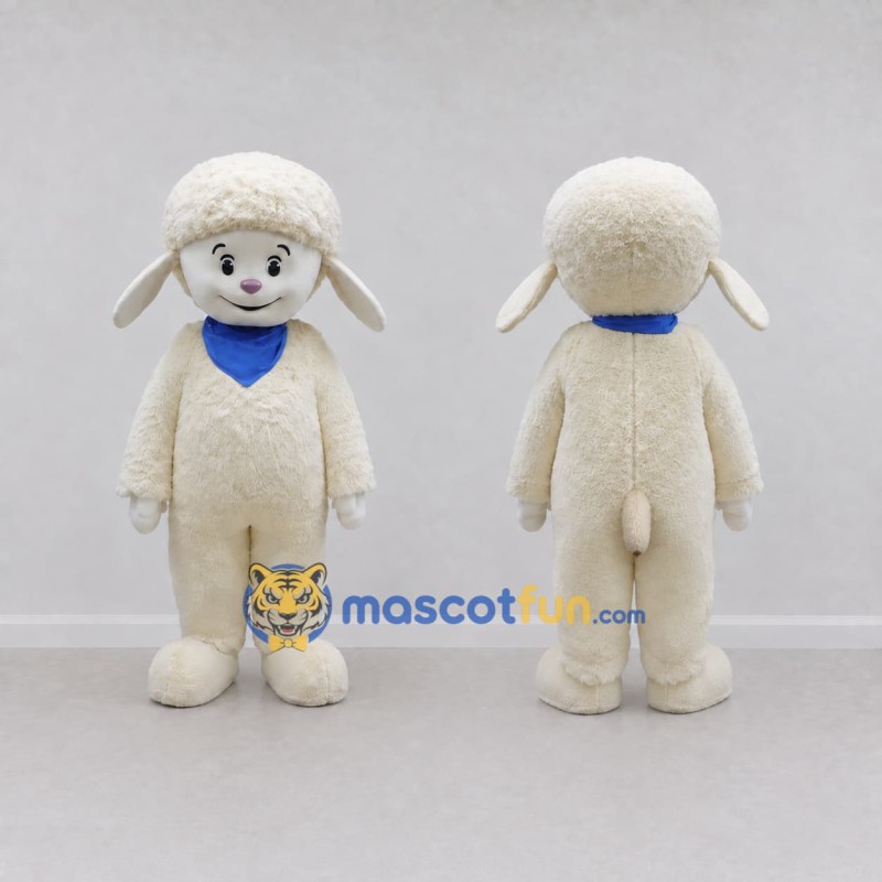 Custom Cream and Blue Lamb with a Bandana Mascot Costume Adult Full Body Suit for School Events Custom Cream and Blue Lamb with a Bandana Mascot Costume Adult Full Body Suit for School Events