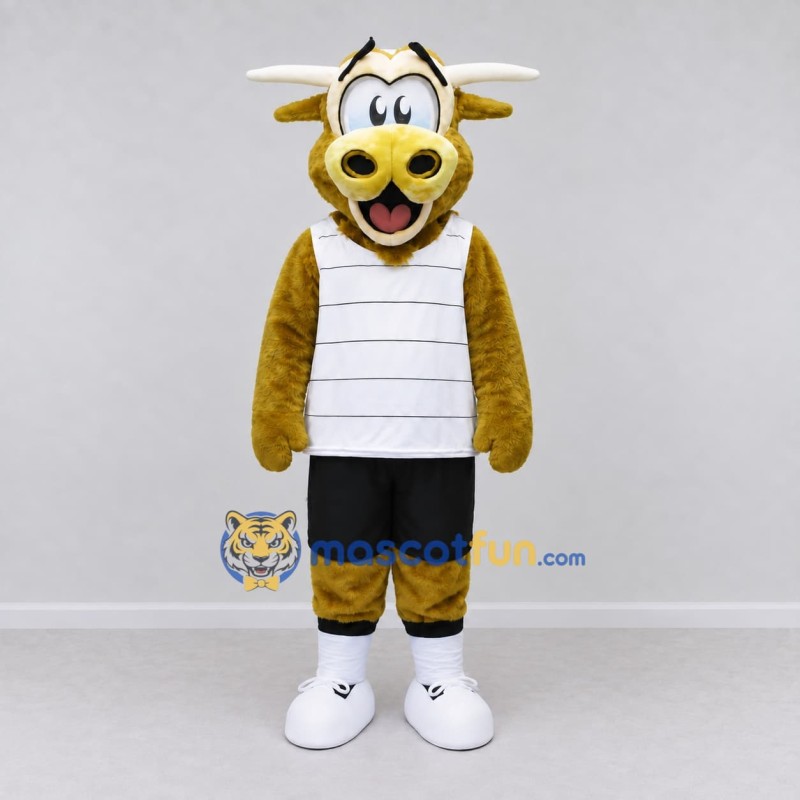 Custom Golden Brown and White Bull in Sportswear Mascot Costume Adult Full Body Suit for Sports Events Custom Golden Brown and White Bull in Sportswear Mascot Costume Adult Full Body Suit for Sports Events