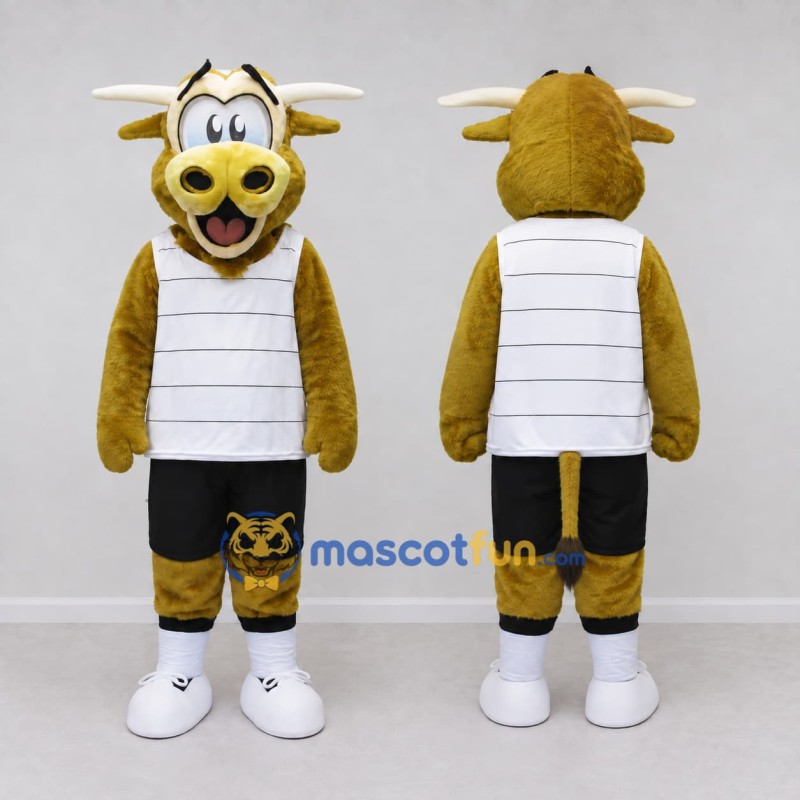 Custom Golden Brown and White Bull in Sportswear Mascot Costume Adult Full Body Suit for Sports Events Custom Golden Brown and White Bull in Sportswear Mascot Costume Adult Full Body Suit for Sports Events