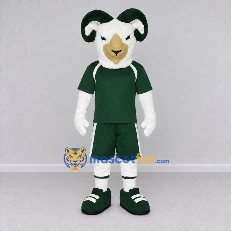 Custom White and Green Ram in Sportswear Mascot Costume Adult Full Body Suit for Sports Events Custom White and Green Ram in Sportswear Mascot Costume Adult Full Body Suit for Sports Events