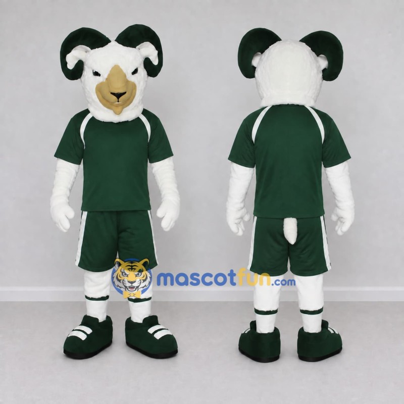 Custom White and Green Ram in Sportswear Mascot Costume Adult Full Body Suit for Sports Events Custom White and Green Ram in Sportswear Mascot Costume Adult Full Body Suit for Sports Events